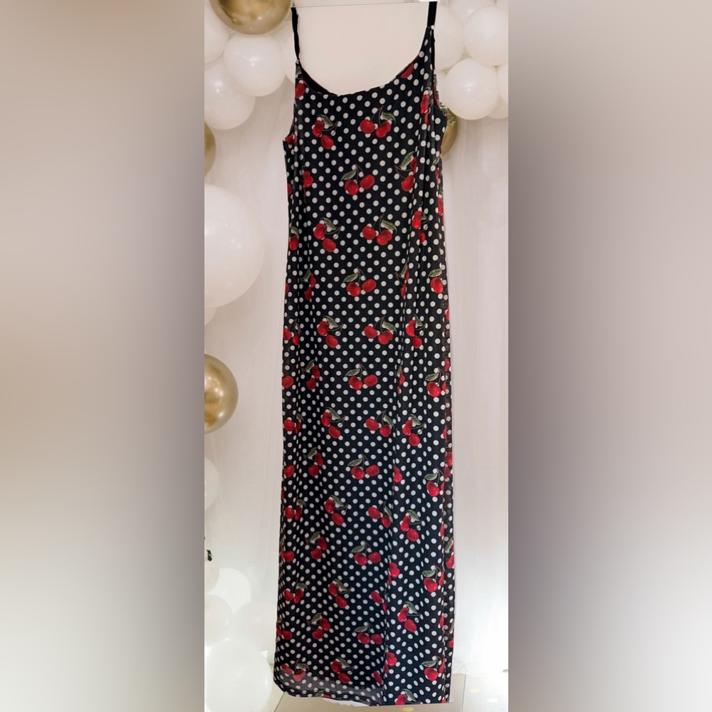 Black Polka Dot & Cherry Maxi Slip Mesh Dress